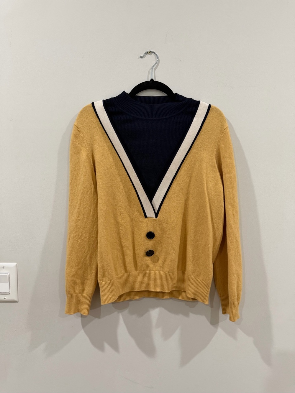 Mustard V-Neck Contrast Trim Sweater with Navy Insert